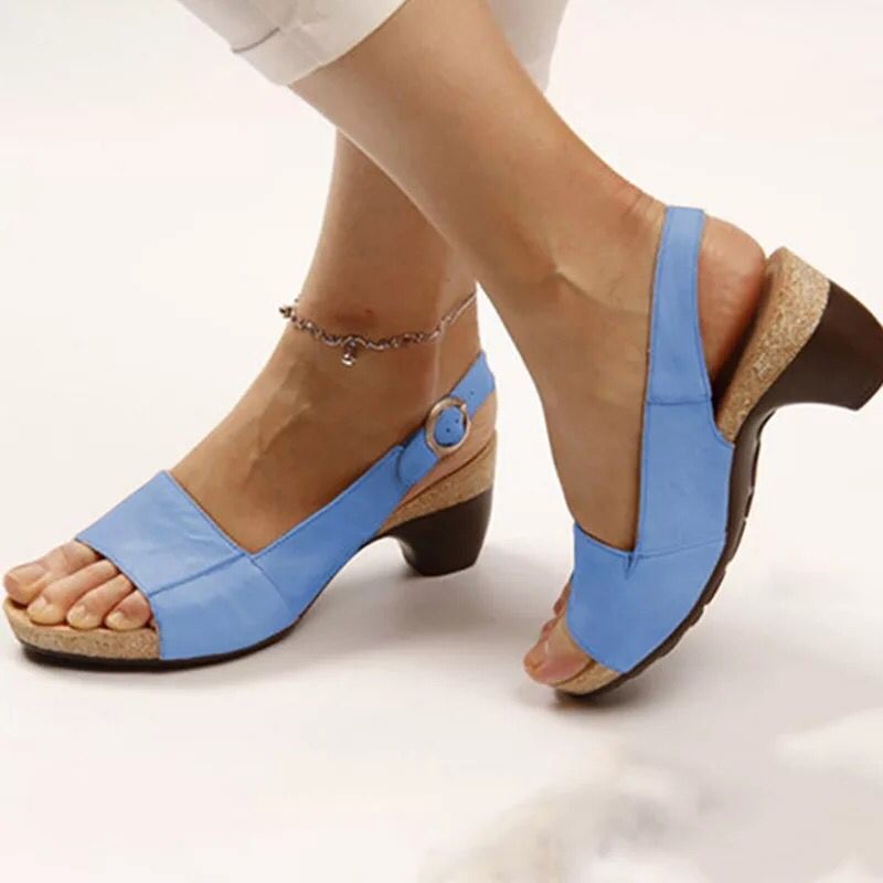 Damen nan Sandalette mit elastischem Fersenriemen ergonomischem Kork-Komfortfußbett und niedrigem geschwungenem Absatz