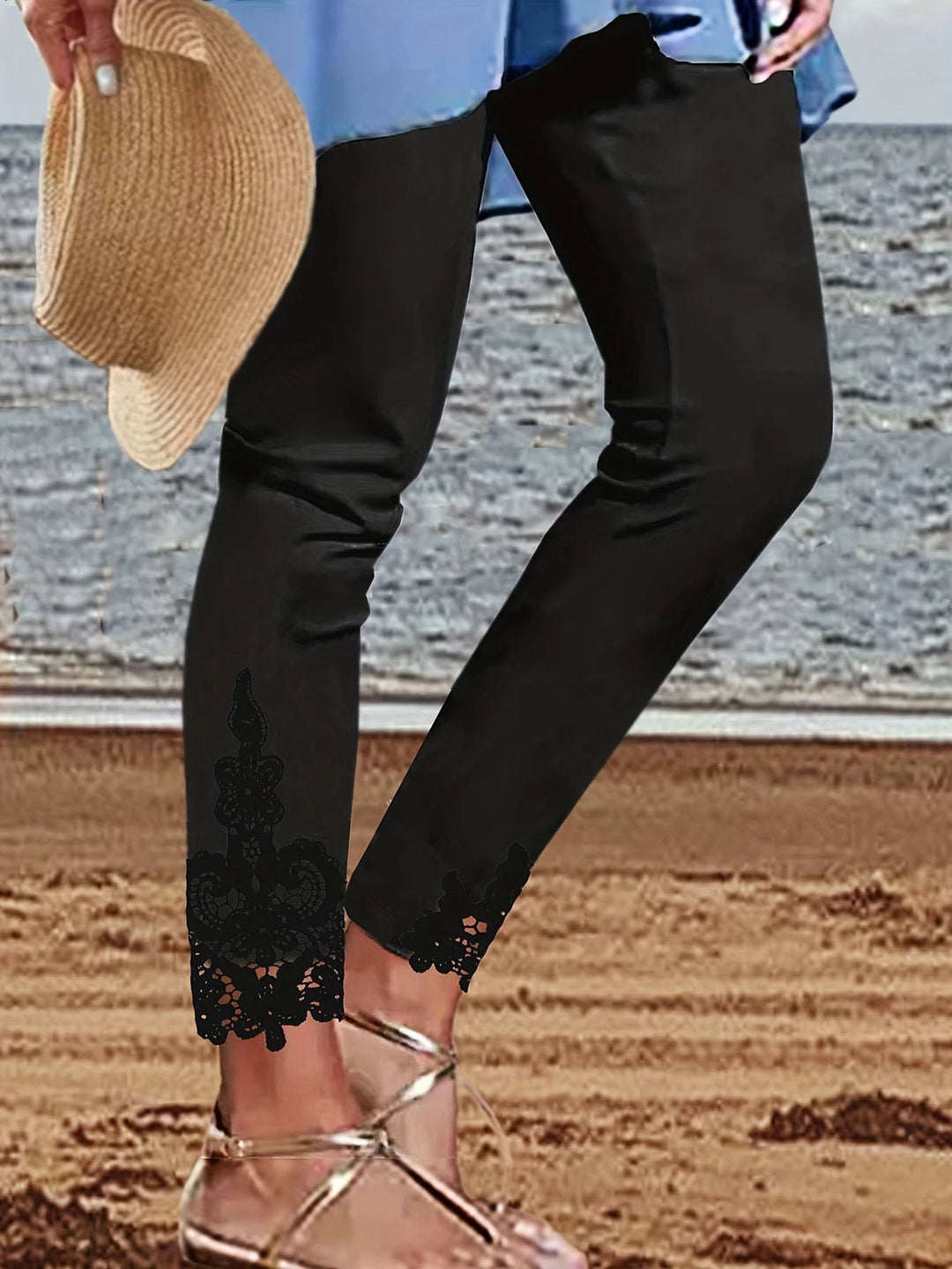 Damen Leggings mit spitzenbesetztem Saum und elastischem Bund