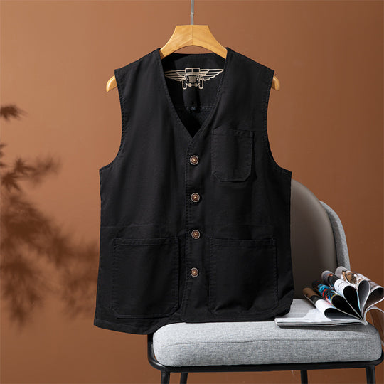 Herren Ärmellose Utility-Canvas-Weste mit V‑Ausschnitt, Knopfleiste und aufgesetzten Taschen Shop Nory