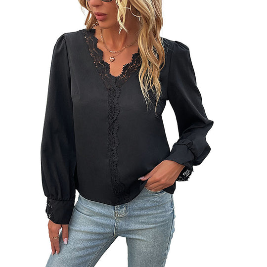 Damen Elegante V-Ausschnitt-Bluse mit Spitzenbesatz und langen Ballonärmeln Shop Nory