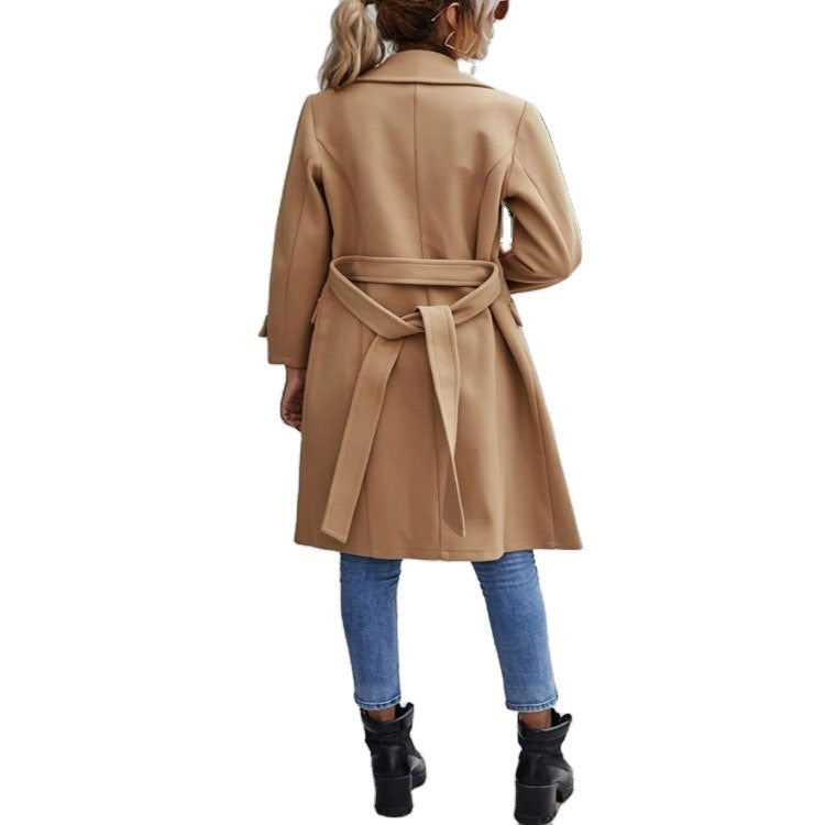 Damen Midilanger taillierter Wollmixmantel mit dezentem Doppelreiher und schmalem Revers Shop Nory