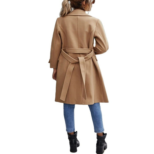 Damen Midilanger taillierter Wollmixmantel mit dezentem Doppelreiher und schmalem Revers Shop Nory
