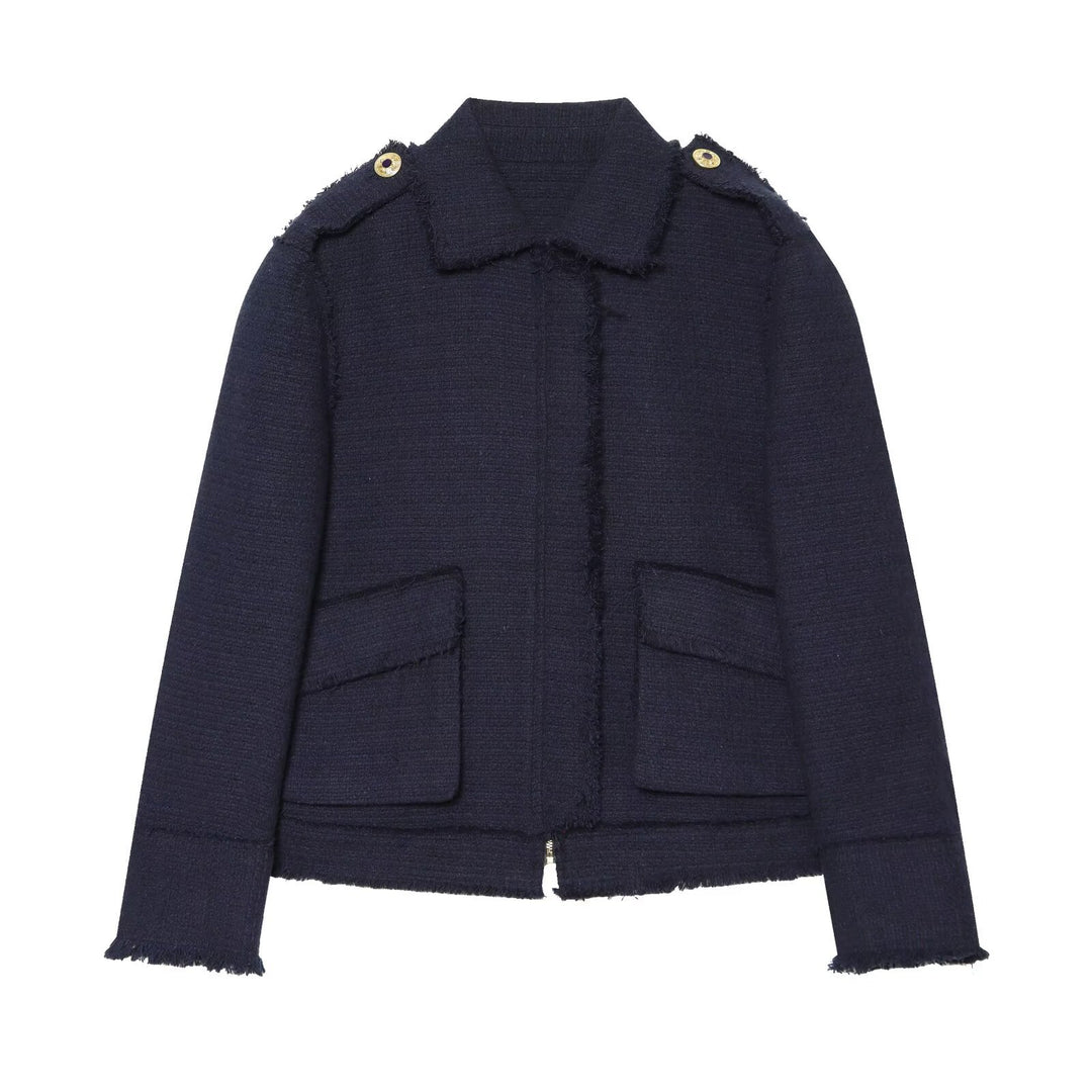 Damen Kurze Bouclé‑Jacke mit Fransensaum, Schulterpatten und aufgesetzten Pattentaschen Shop Nory