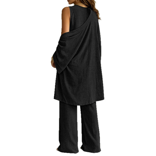 Damen Lässiges Lounge-Set mit Kimono-Cardigan, V‑Ausschnitt-Shirt und weiter Kordelhose Shop Nory