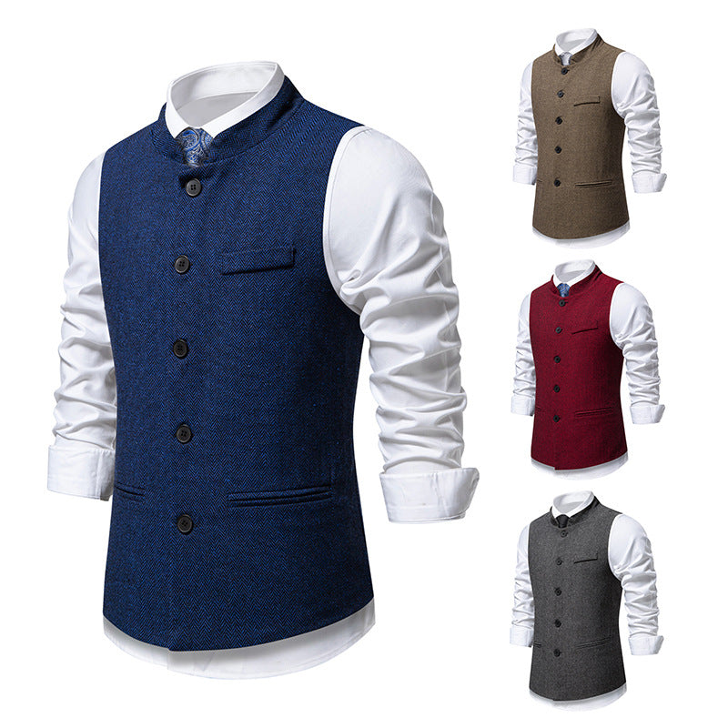 Herren elegante Weste mit Stehkragen und Fischgrätmuster aus Wollmix Shop Nory