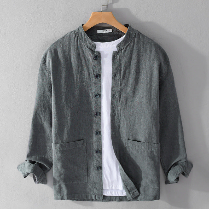 Herren Leinenjacke mit Stehkragen und aufgesetzten Taschen Shop Nory