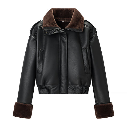 Damen Kurz geschnittene Fliegerjacke aus Kunstleder mit Teddy-Innenfutter, Umlegekragen und umschlagbaren Manschetten Shop Nory
