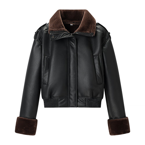 Damen Kurz geschnittene Fliegerjacke aus Kunstleder mit Teddy-Innenfutter, Umlegekragen und umschlagbaren Manschetten Shop Nory