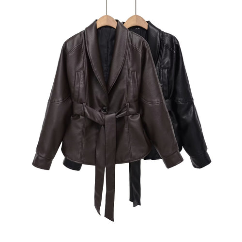 Damen Kurzjacke aus veganer Lederoptik mit Taillengürtel und Schalkragen Shop Nory
