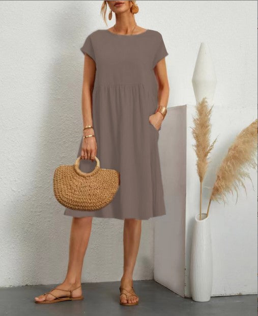 Damen Freizeitleinenkleid mit leichtem Schnitt und Taschen