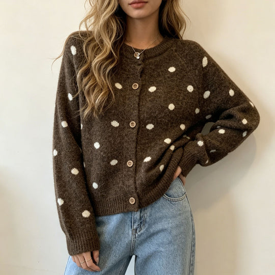 Damen Gepunkteter Mohair‑Optik Button‑Cardigan mit Rundhalsausschnitt Shop Nory