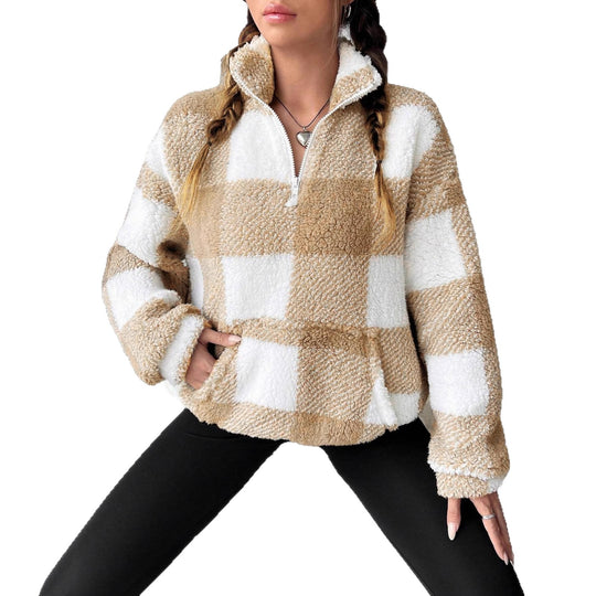 Damen nan kuscheliger Sherpa-Pullover mit Stehkragen, Half-Zip und Kängurutasche Shop Nory