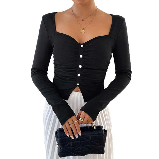 Damen figurbetontes gerafftes Langarm-Cropped-Top mit quadratischem Dekolleté und Zierknopfleiste Shop Nory