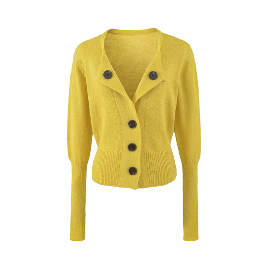Damen Cropped-Taillierte Strickjacke mit Schalkragen und großen Zierknöpfen Shop Nory