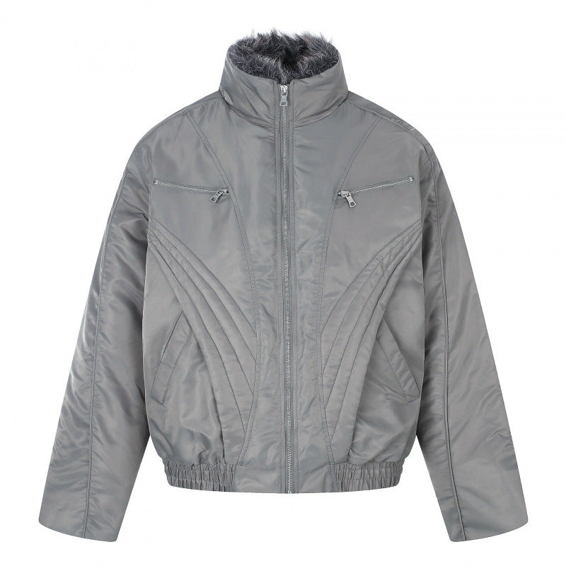 Herren Kurzjacke im Retro-Pufferstil mit hochschließendem Kunstfellkragen und dekorativer Wellensteppung Shop Nory