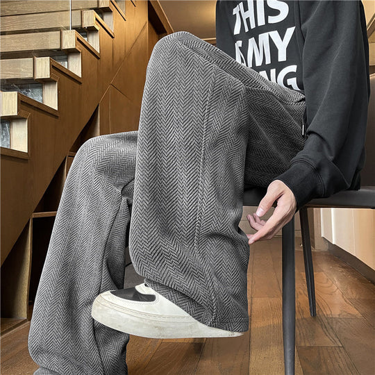 Herren Weit geschnittene Loungehose mit Fischgrätstruktur, elastischem Bund und Tunnelzug Shop Nory