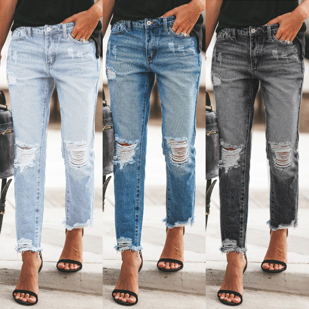 Damen Destroyed Mom Jeans mit Fransen und lässigem Schnitt