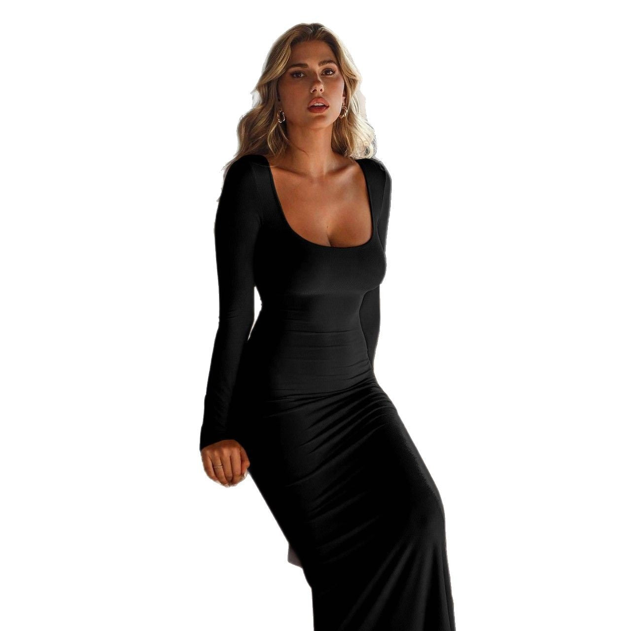 Damen figurbetontes Langarm-Maxikleid mit rundem Ausschnitt und elastischer Passform