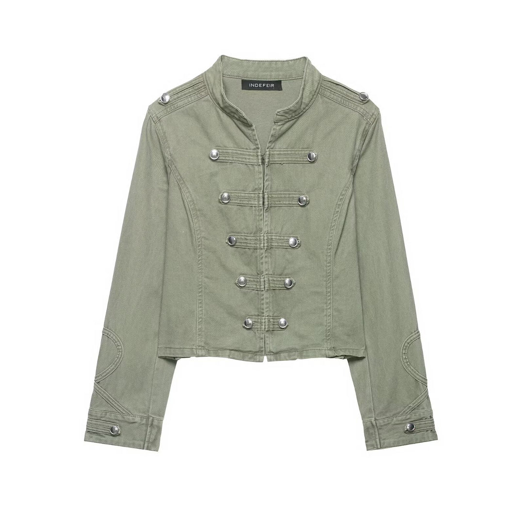 Damen Kurzjacke im Military‑Look mit Stehkragen, Zierpatten und gesteppten Ärmelpatches Shop Nory