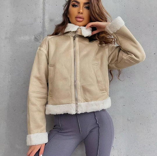 Damen Hochgeschnittene Pilotjacke aus veganer Lederoptik mit Teddyfutter und Reißverschluss Shop Nory
