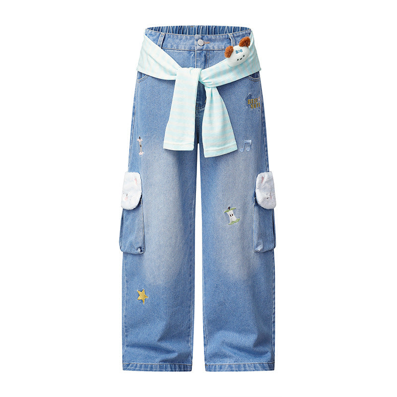 Damen Weiter Cargo-Jeans mit Plüschtaschen, Stickereien und elastischem Bund Shop Nory