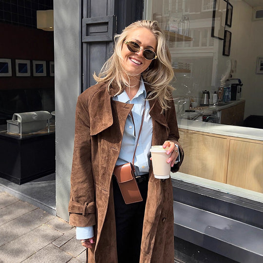 Damen Maxilanger Veloursleder‑Trenchcoat mit Bindegürtel Shop Nory