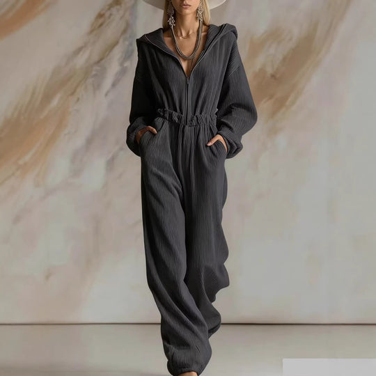 Damen Plissierter Kapuzen-Jumpsuit mit Reißverschluss und elastischer Taille Shop Nory