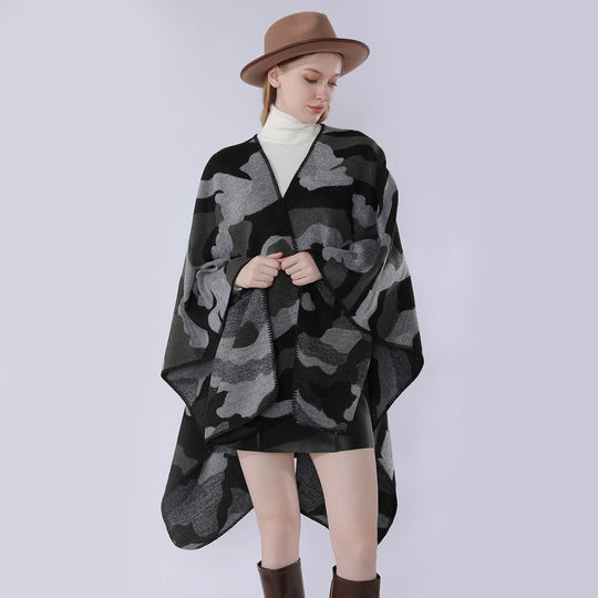Damen Oversize-Cape mit Camouflage-Jacquard, offener Kimono-Fall und Ziernaht Shop Nory