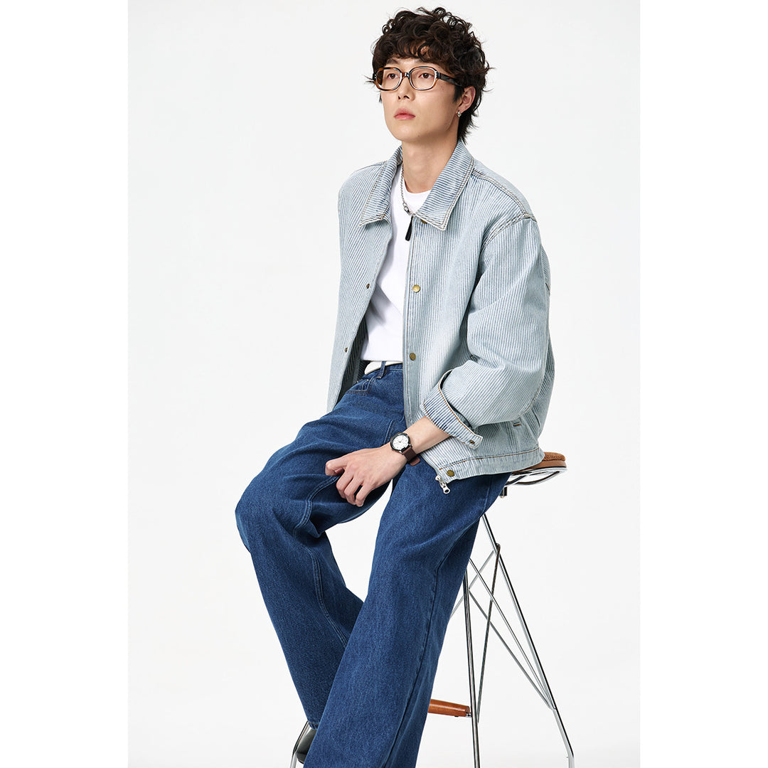 Unisex Gestreifte Oversize-Denimjacke im Worker-Stil mit Stehkragen und Zwei-Wege-Reißverschluss Shop Nory