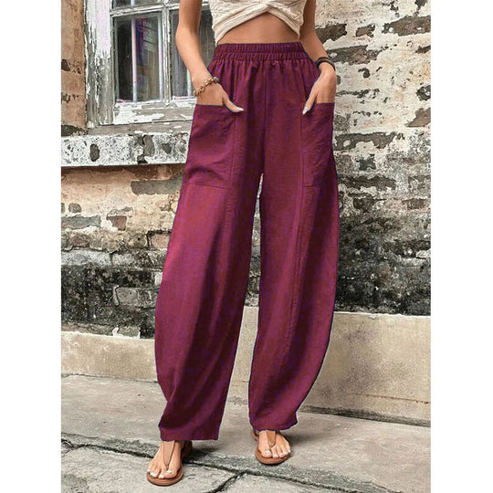 Damen Weite Leinenhose mit elastischem Bund, aufgesetzten Taschen und lässigem Harem-Schnitt Shop Nory