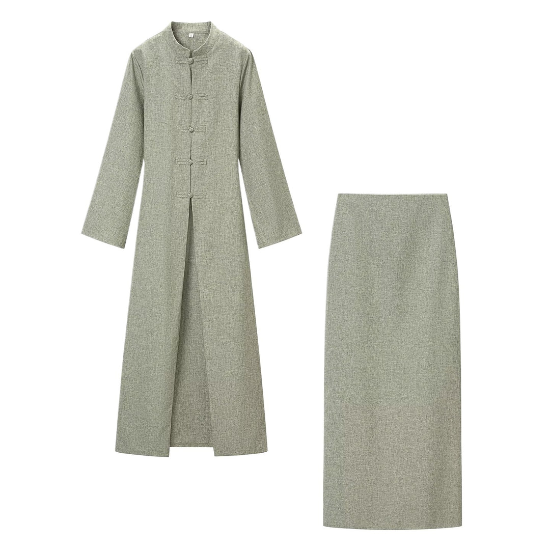 Damen Langärmliges Maxikleid mit Stehkragen Knebelknopfverschluss und vorderem Schlitz Shop Nory