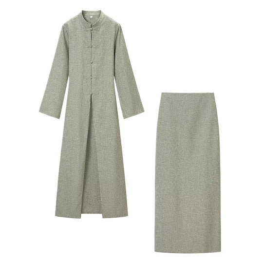 Damen Langärmliges Maxikleid mit Stehkragen Knebelknopfverschluss und vorderem Schlitz Shop Nory