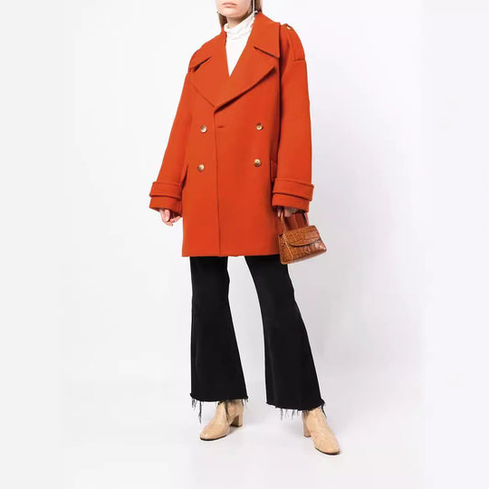 Damen Oversize Zweireihiger Kurzmantel aus Wollmix mit überbreiten Ärmeln und goldenen Zierknöpfen Shop Nory