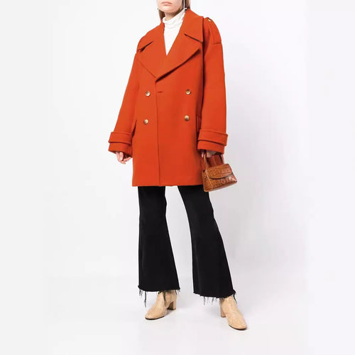 Damen Oversize Zweireihiger Kurzmantel aus Wollmix mit überbreiten Ärmeln und goldenen Zierknöpfen Shop Nory