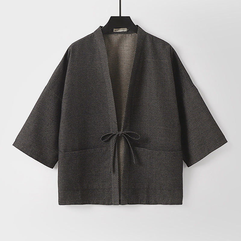 Herren Lockerer Kimono-Cardigan aus strukturierter Baumwollmischung mit kurzem Ärmel und Bindeband Shop Nory