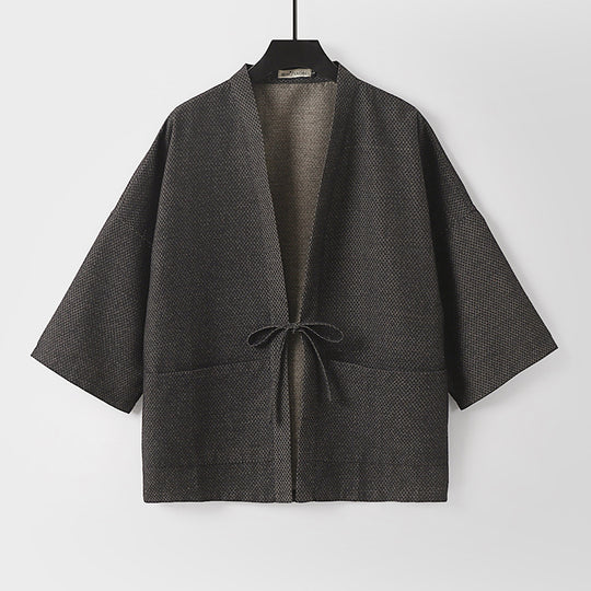Herren Lockerer Kimono-Cardigan aus strukturierter Baumwollmischung mit kurzem Ärmel und Bindeband Shop Nory