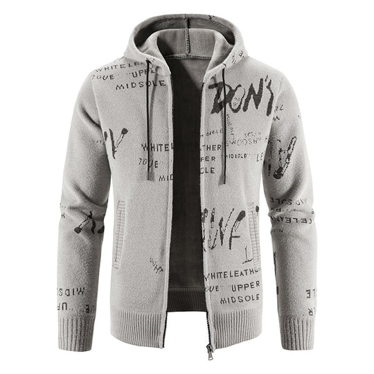 Herren Strick-Kapuzenjacke mit durchgehendem Reißverschluss, grafischem Allover-Print und Eingrifftaschen Shop Nory