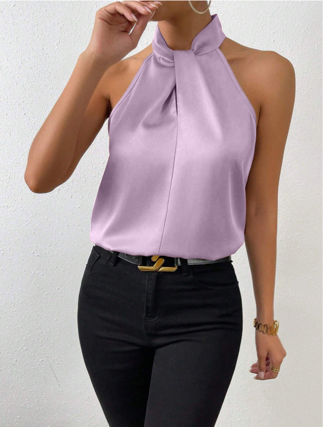 Damen Knoten Hals Stil Top Seide