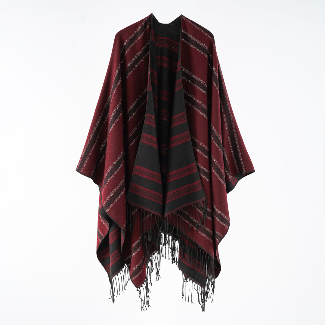 Damen Wollmix-Wickelponcho im Jacquardstreifen mit Fransen Shop Nory
