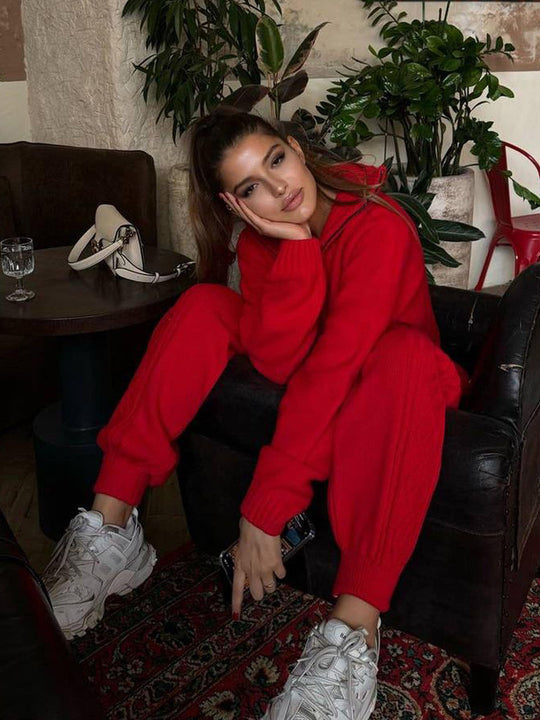 Damen Strick-Loungewear-Set mit halbem Reißverschluss, Stehkragen und Zopfmuster-Hose Shop Nory