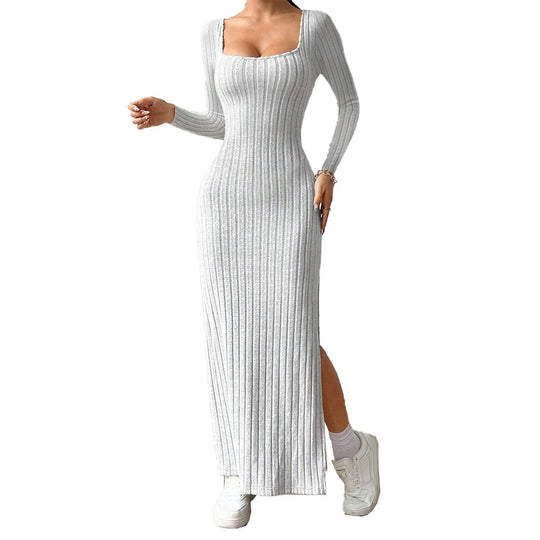 Damen figurbetontes geripptes Maxikleid mit quadratischem Ausschnitt und seitlichem Beinschlitz Shop Nory