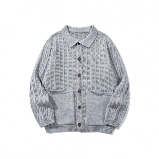 Unisex Grobgestrickte Hemdjacke mit Kentkragen, Knopfleiste und aufgesetzten Taschen Shop Nory