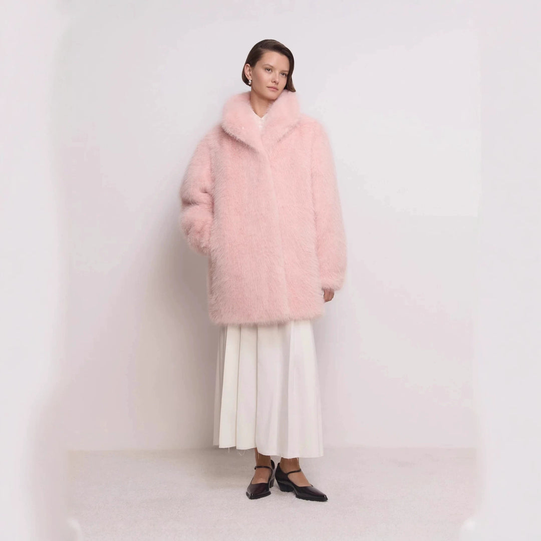 Damen Midilanger flauschiger Teddy-Kunstpelz‑Mantel mit stehendem Schalkragen Shop Nory