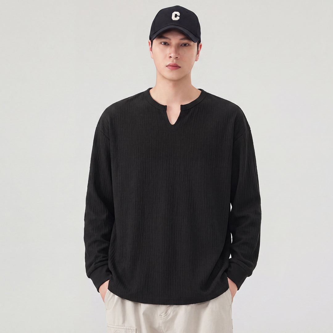 Herren Lockeres Langarmshirt mit V-Notch-Kragen und strukturierter Baumwollmischung Shop Nory