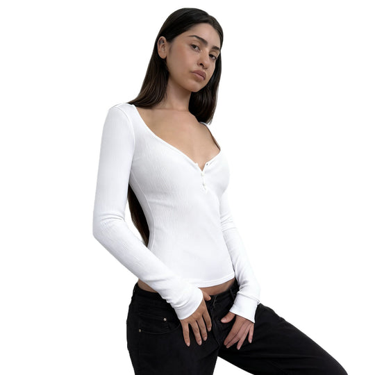 Damen nan figurbetontes geripptes Langarm-Henley-Top mit tiefem V-Ausschnitt und Knopfleiste Shop Nory