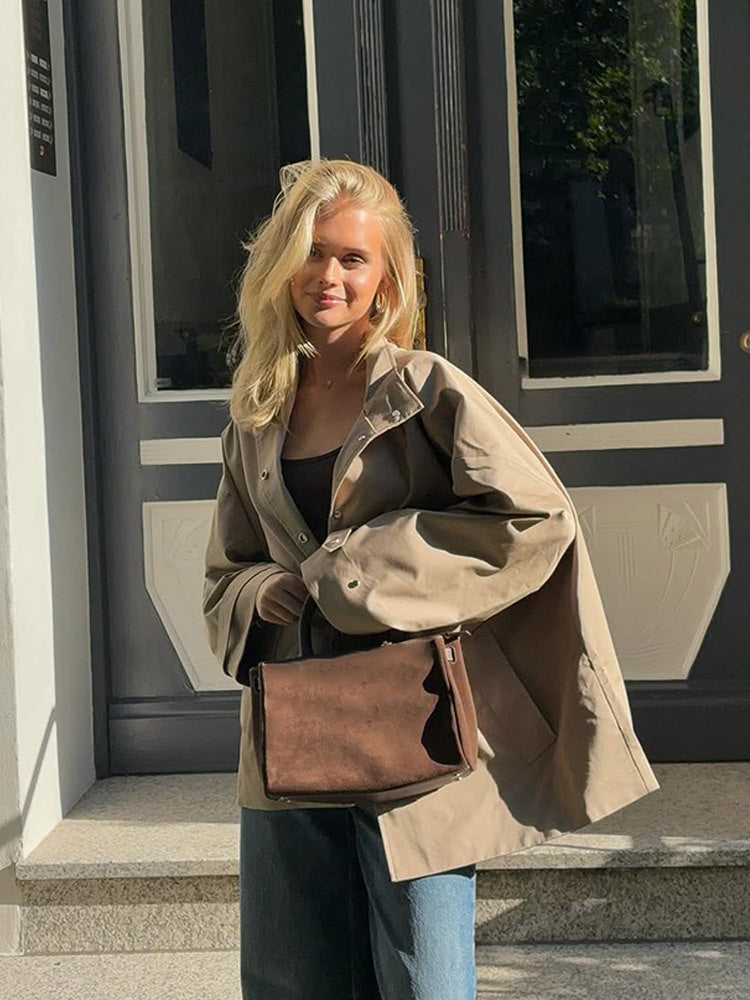 Damen Oversize Kurzmantel im Trench‑Look mit kastiger Silhouette und verdeckter Druckknopfleiste Shop Nory