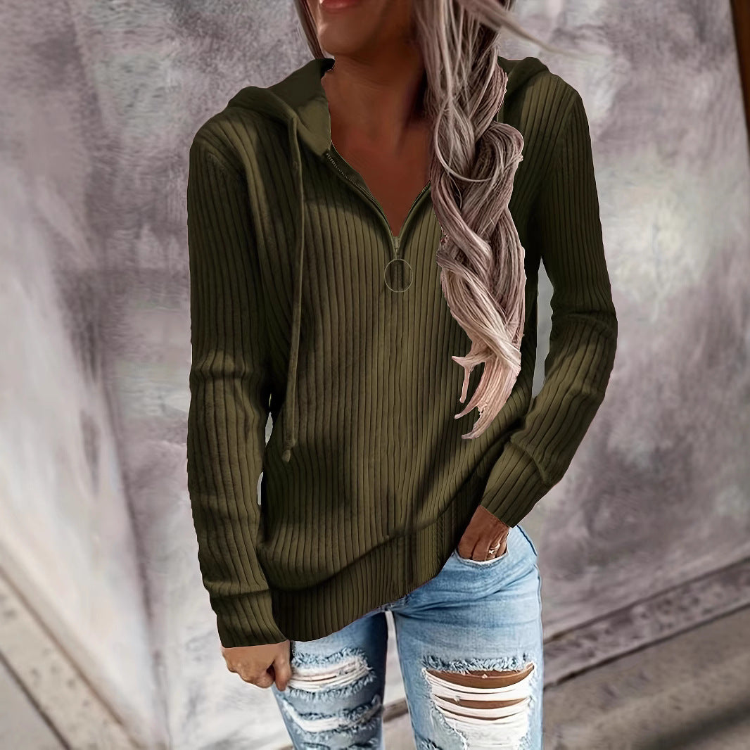 Damen Lässiger Rippstrick-Hoodie mit halbhohem Reißverschluss und Ringzipper Shop Nory