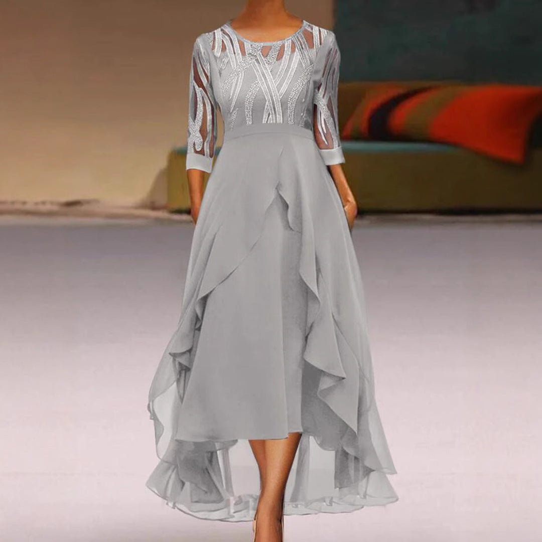 Damen nan edles Chiffon-Abendkleid mit besticktem Tülloberteil, Dreiviertelärmeln und asymmetrischem Stufen-Saum Shopnory