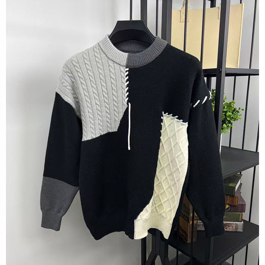 Unisex Patchwork-Oversize-Strickpullover mit Zopf- und Rautenmuster, dekorativen Kontrastnähten und Rundhalsausschnitt Shop Nory