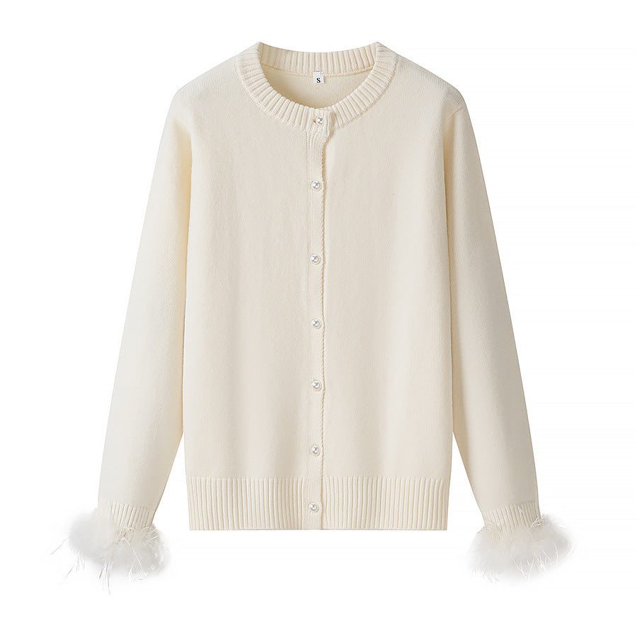 Damen Perlenknopf-Cardigan mit Kunstfeder-Bündchen Shop Nory